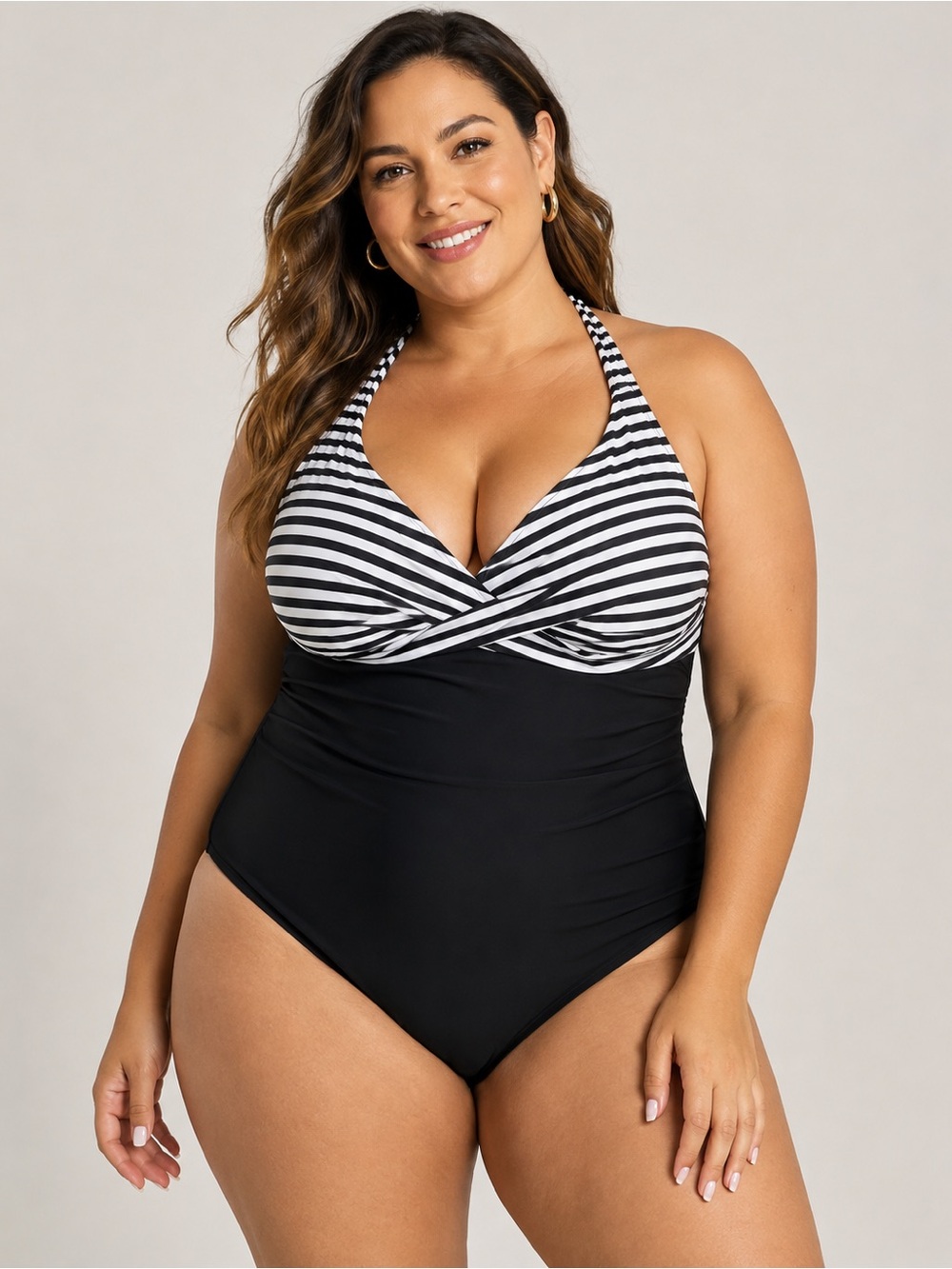 Plus-Size Black and White Halter One-Piece Swimsuit